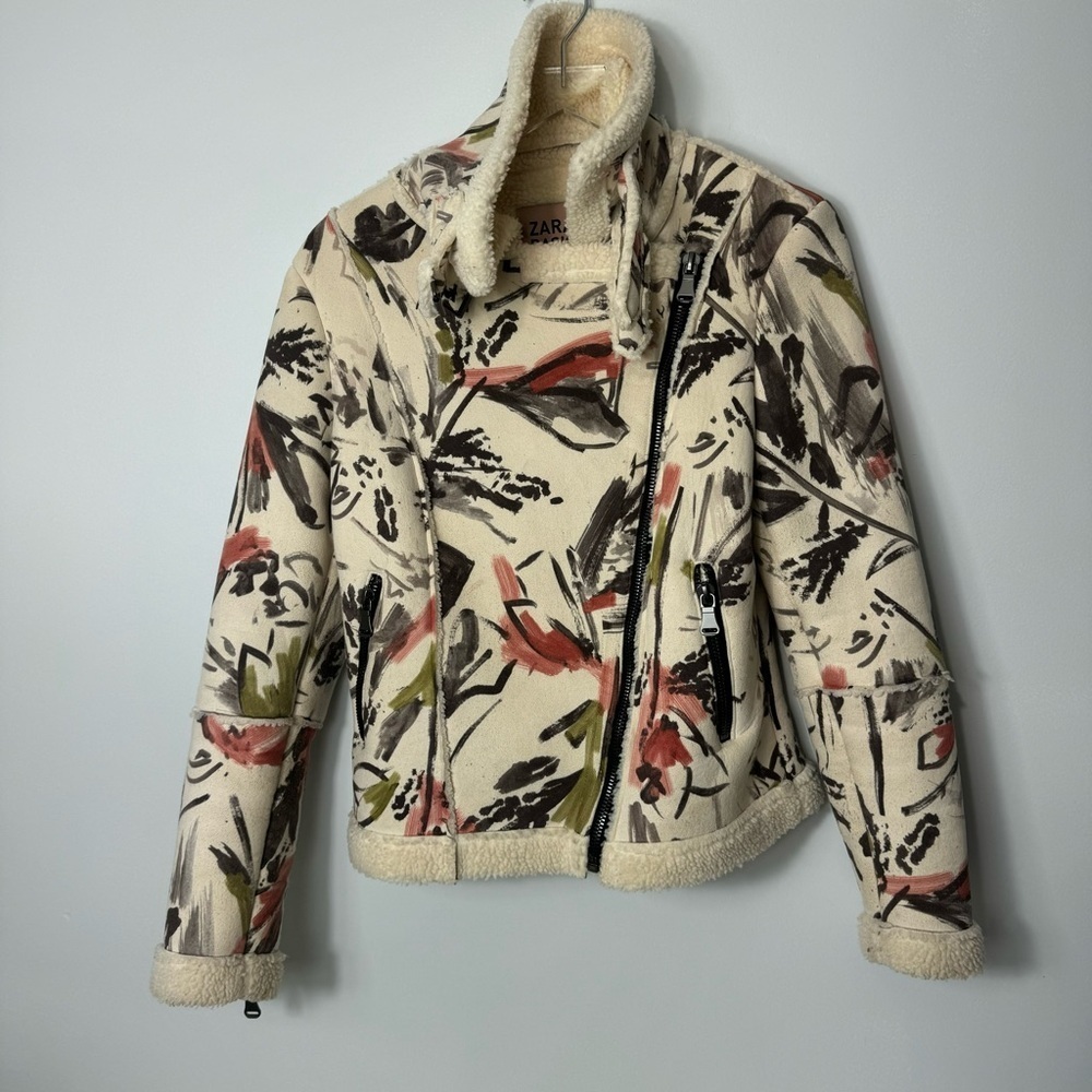 ZARA WOMAN AW17 FAUX SUEDE Abstract PRINTED MOTO JACKET SIZE Small